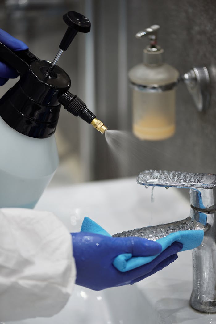services-01 A person wearing gloves sprays and wipes a bathroom faucet for hygiene.