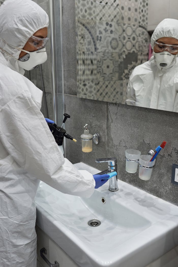 services-02 Person in protective gear disinfecting bathroom sink with spray bottle.