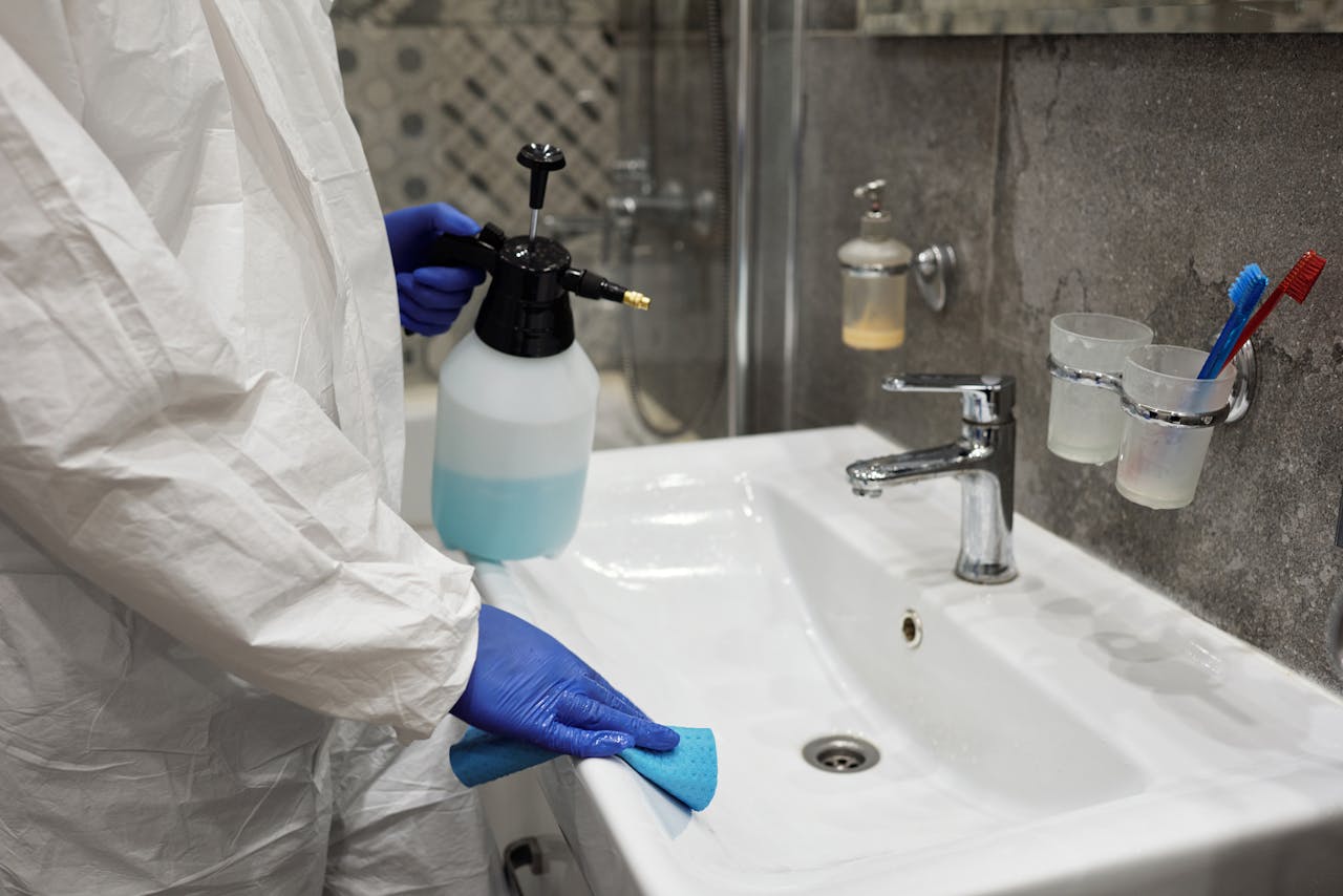 why-choose-us A person sanitizing a bathroom sink with a spray bottle, ensuring hygiene.